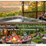 A split-screen comparison of two Gatlinburg cabins. The top panel shows a couple on a deck overlooking mountains at Firefly Vista. The bottom panel shows a large family around a fire pit and hot tub at Summerfall Chalet.