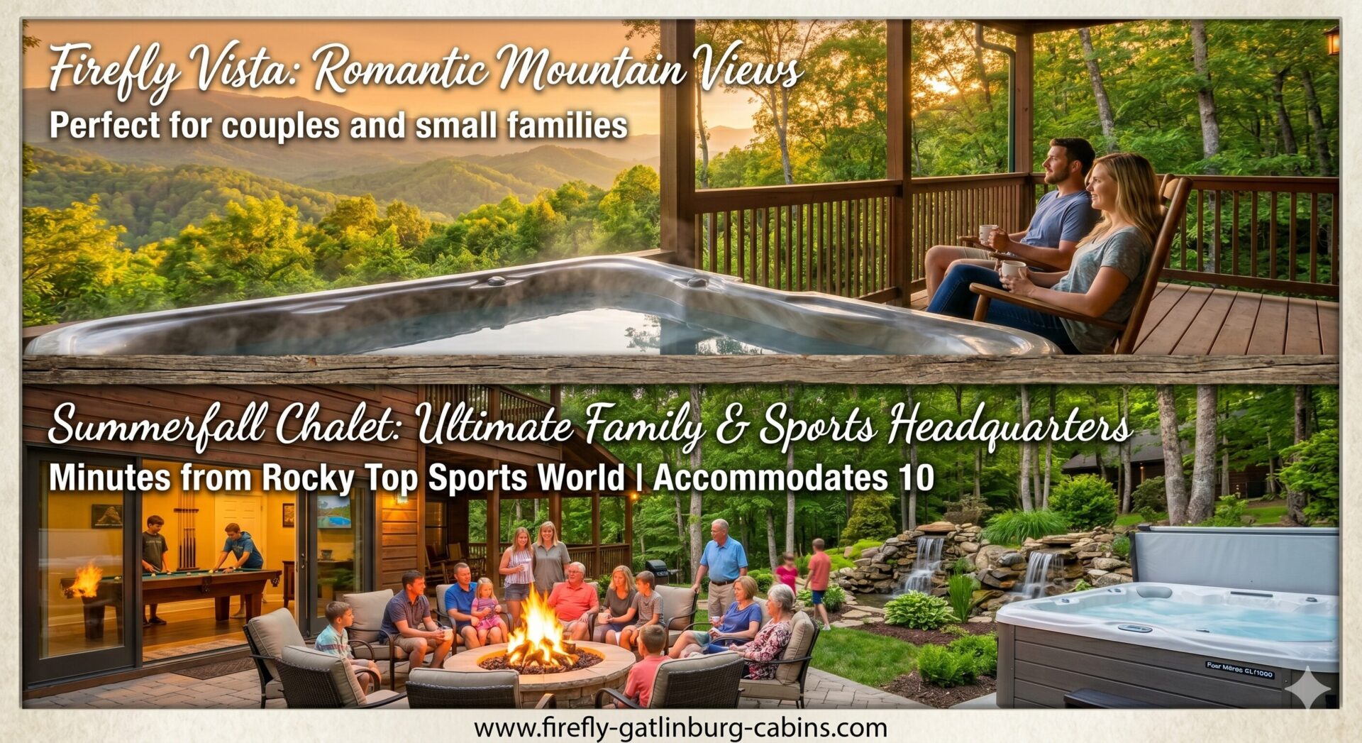 A split-screen comparison of two Gatlinburg cabins. The top panel shows a couple on a deck overlooking mountains at Firefly Vista. The bottom panel shows a large family around a fire pit and hot tub at Summerfall Chalet.